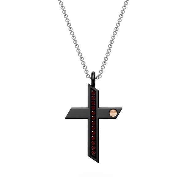 World Diamond Group Cross necklace with black titanium rubies and gray chain, with 18kt GDCR01O3Rune Rose Gold inserts