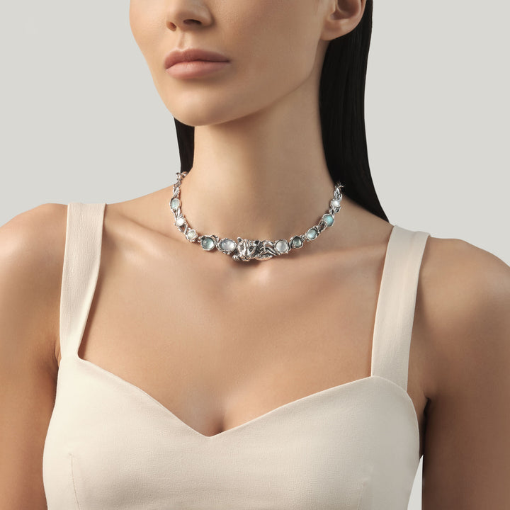 Giovanni Raspini Blue Jaguar Necklace - Necklace in 925 silver, mother of pearl, rock crystal and quartz - 12680