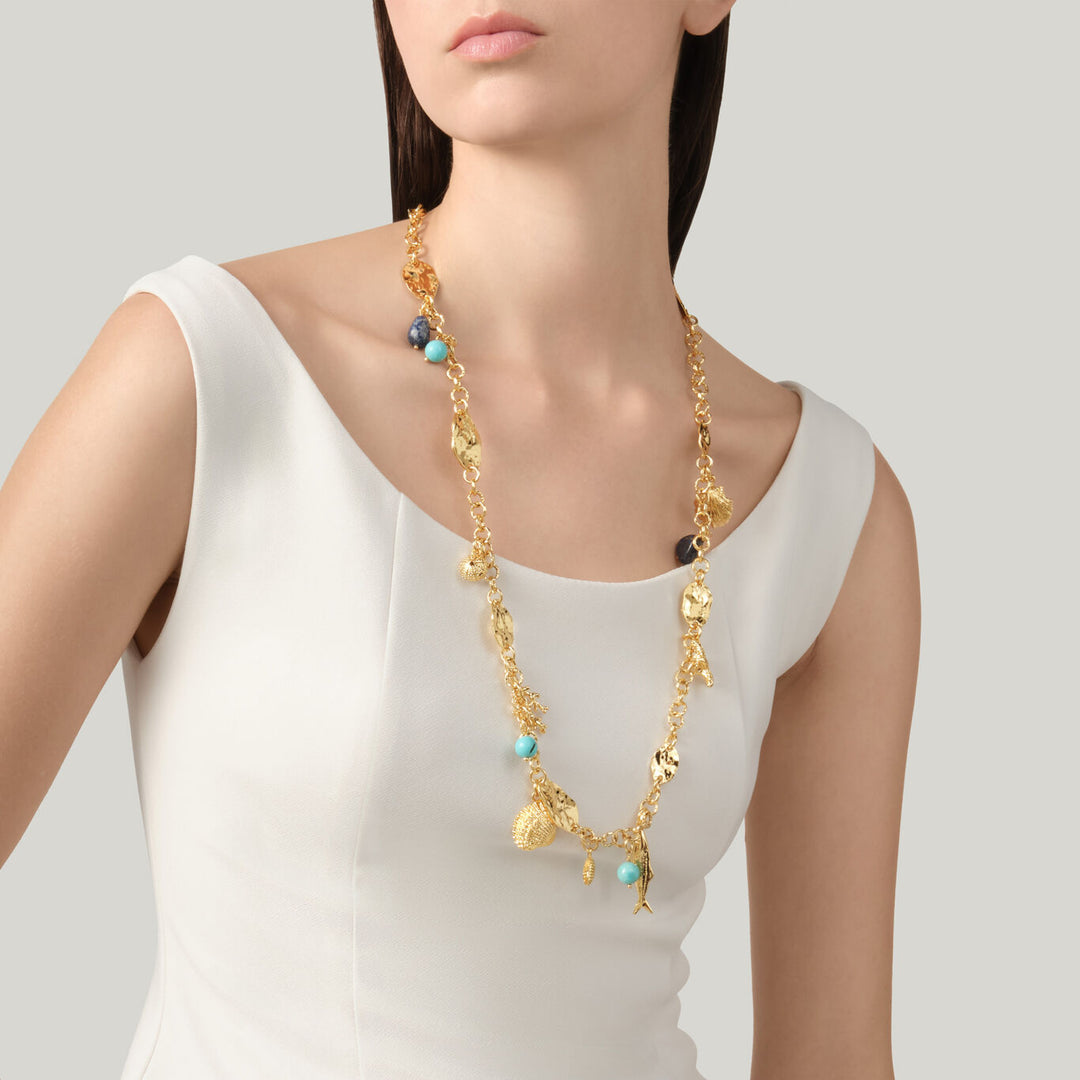 Giovanni Raspini long grand bleu necklace 18 kt gold plated necklace with lapis lazuli and aulite N0072