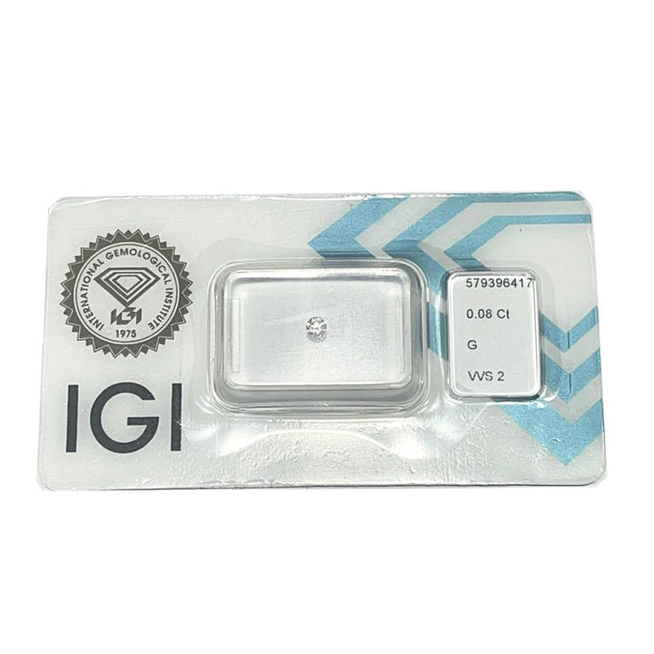 IGI Diamante בשלפוחית ​​שלפוחית ​​חותכת מבריק חותך 0.08ct צבע מחה g VVS 2