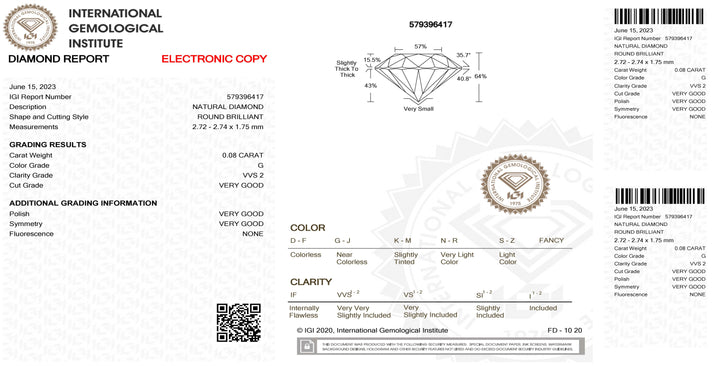 IGI Diamante בשלפוחית ​​שלפוחית ​​חותכת מבריק חותך 0.08ct צבע מחה g VVS 2