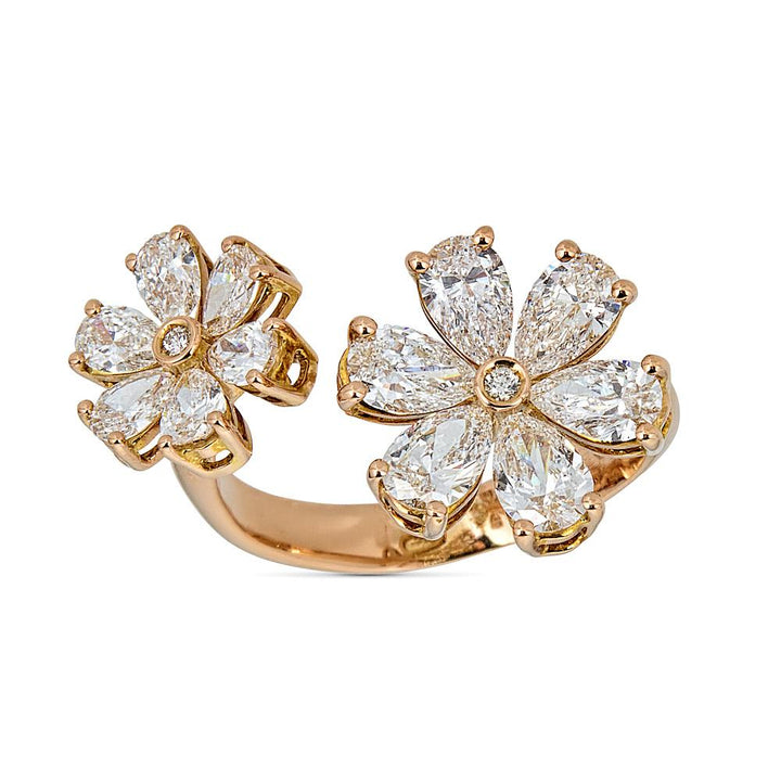 Zydo Double Flower Ring with Pear Shaped Round Cut Diamonds Rose Gold 58680