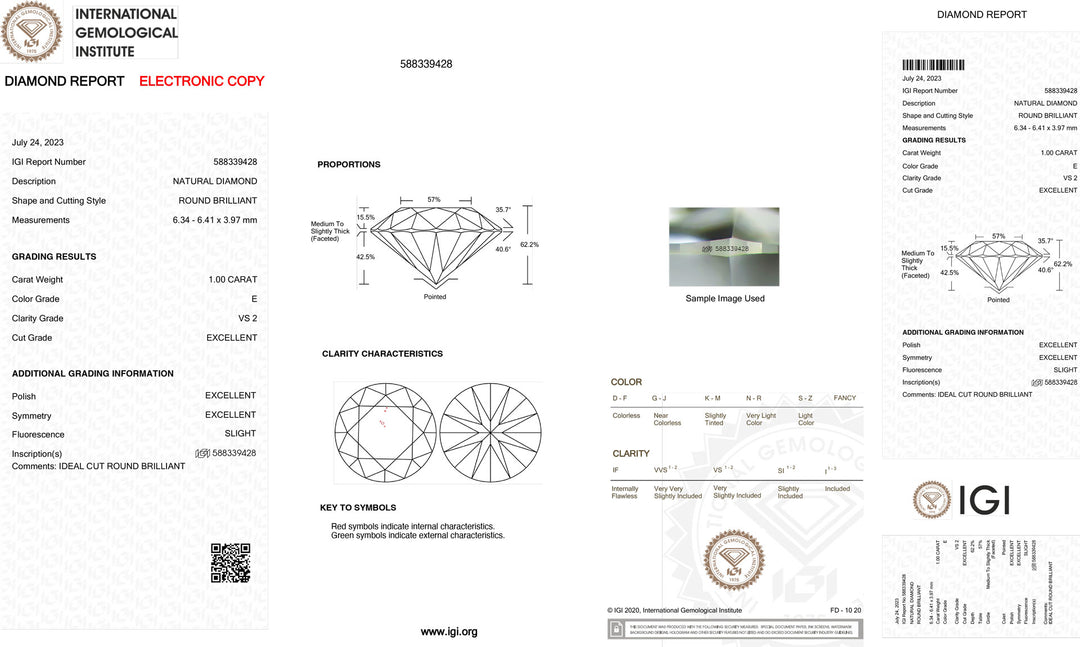 IGI 1,00CT Certified Investment Diamond color and purity VS2