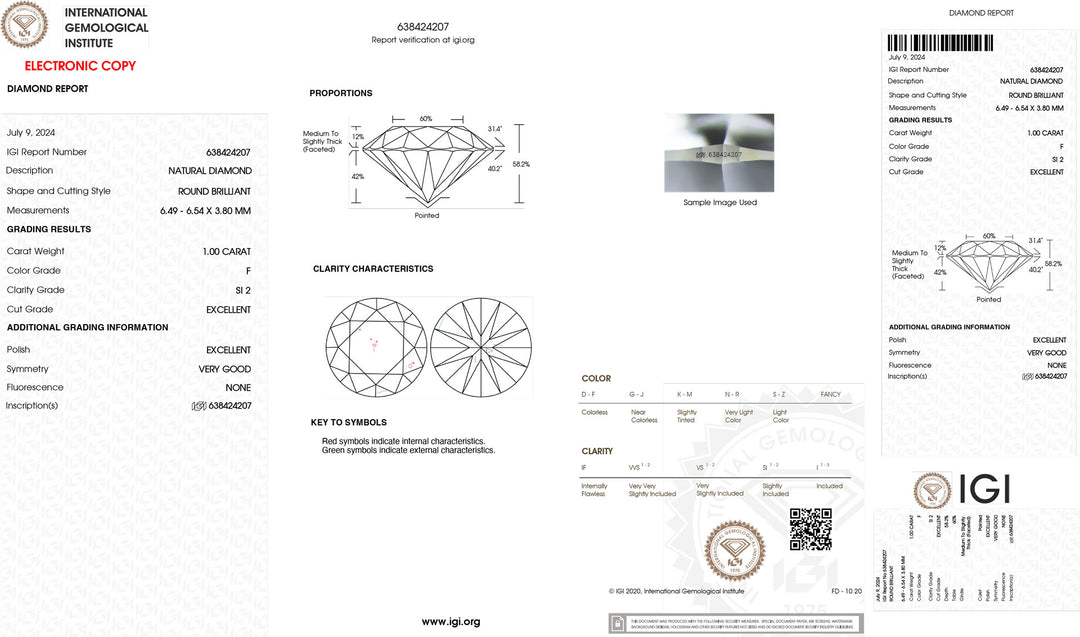 IGI 1,00CT Certified Investment Diamond color F purity SI2