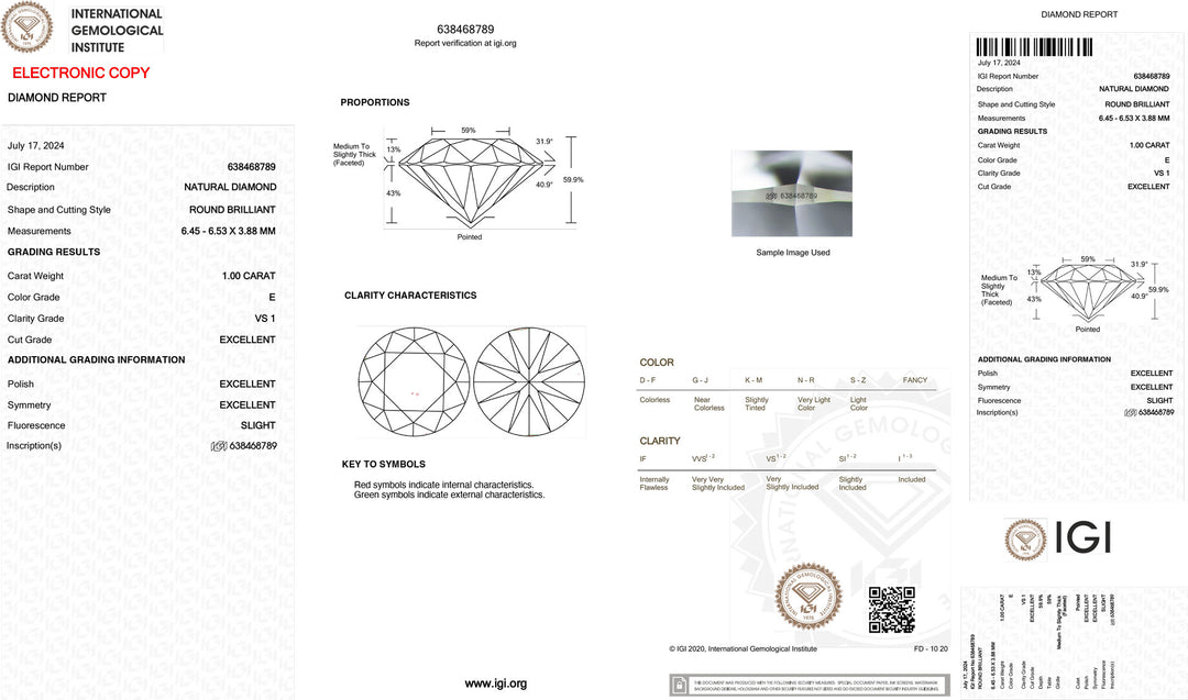 IGI 1,00CT Certified Investment Diamond color and purity VS1