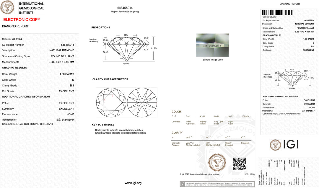 IGI 1,00CT השקעה מוסמכת Diamond SI1