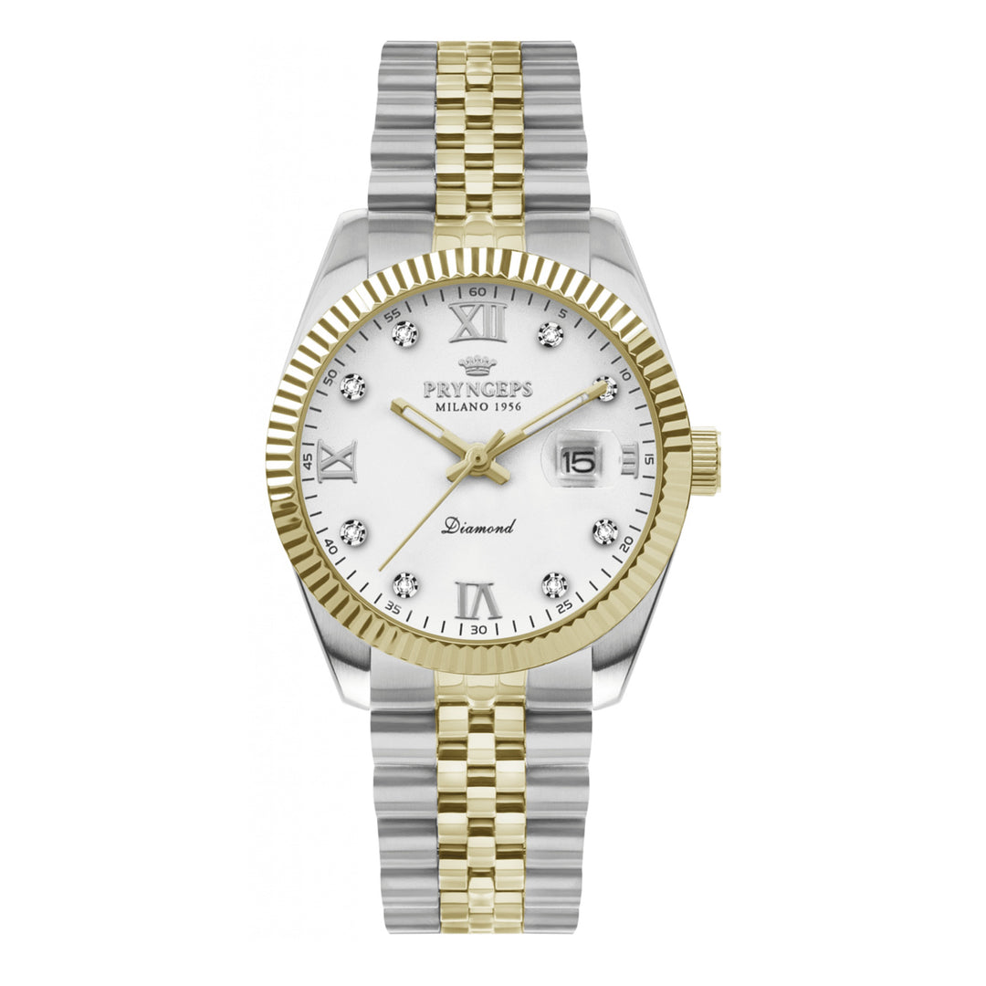 Pryngeps Erre X watch 32mm white diamonds quartz steel PVD finish yellow gold A822/2BQB BI