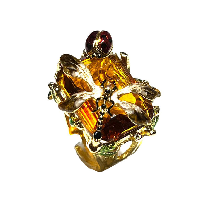 Federica Rossi Dragonfly and Ladybug crystal ring bronze plated in 18kt gold FR.AN.26