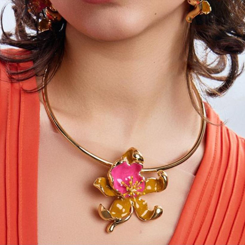 Federica Rossi Necklace Rigid Coaching Flower Orchid Bronze Bronze Pvd Finish Gold 18kt enamel fr.gi.26
