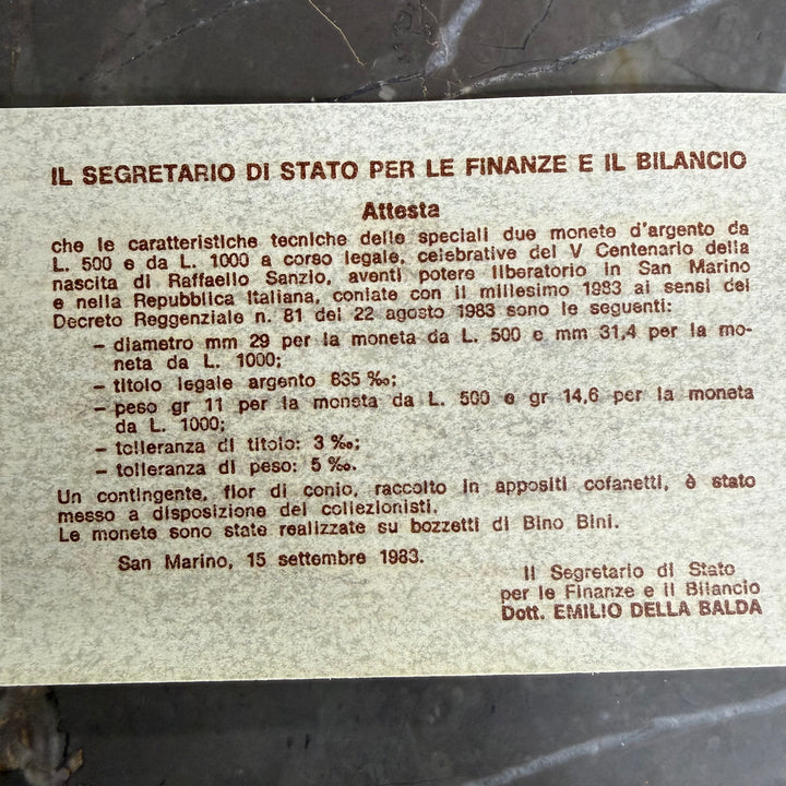 Silver coins 500 1000 Lire Republic of San Marino V Centenary of birth Raffaello Sanzio 1983