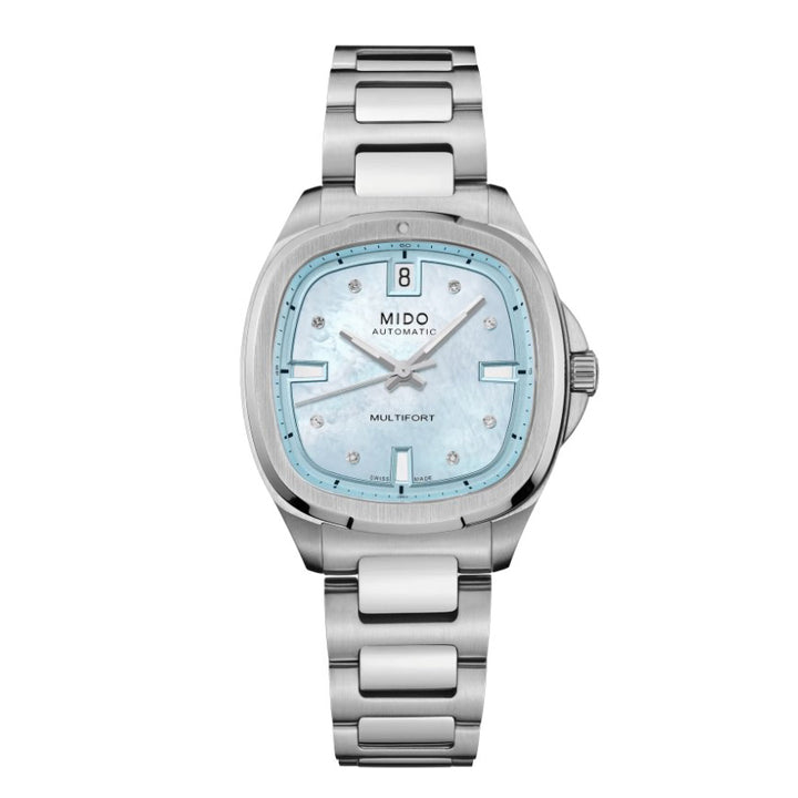Mido watch Multifort TV 35 34x35mm blue mother of pearl diamonds automatic steel M049.307.11.136.00