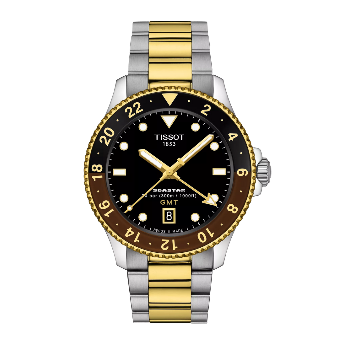 טיסו SEASTAR 1000 GMT שעון 40 מ"מ קוורץ פלדה שחור גימור PVD זהב זהב T120.852.22.051.00