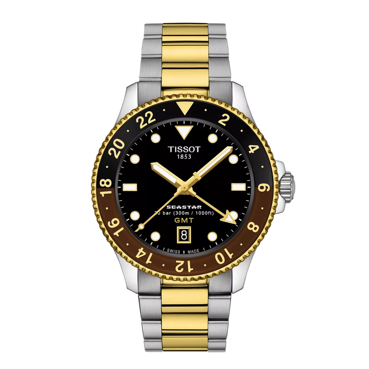 טיסו SEASTAR 1000 GMT שעון 40 מ"מ קוורץ פלדה שחור גימור PVD זהב זהב T120.852.22.051.00