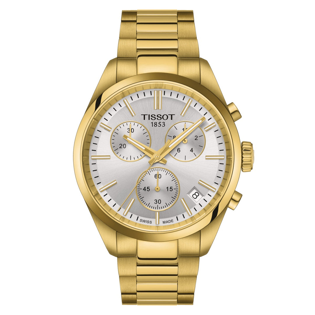 Tissot watch pr 100 chronograph 40mm silver quartz steel finish pvd yellow gold t150.417.33.031.00