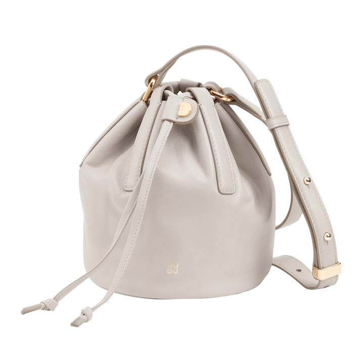 DUDU small women's bucket in real leather with adjustable shoulder strap and coulisse closure - elegant and compact shoulder bag with cord, perfect for daily use