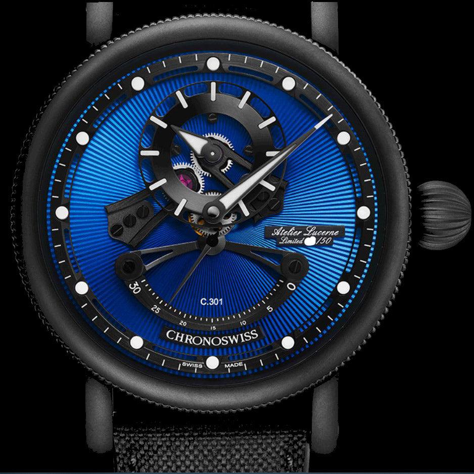 Chronoswiss orologio Open Gear Resec Blue On Black Limited Edition 50pezzi 44mm blu automatico acciaio finitura DLC nero CH-6925M-EBBK - Capodagli 1937