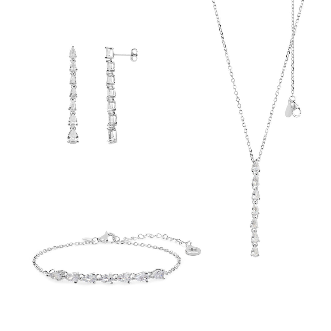 Comete Necklace, earrings and bracelet in Silver with white crystals KIT243192232