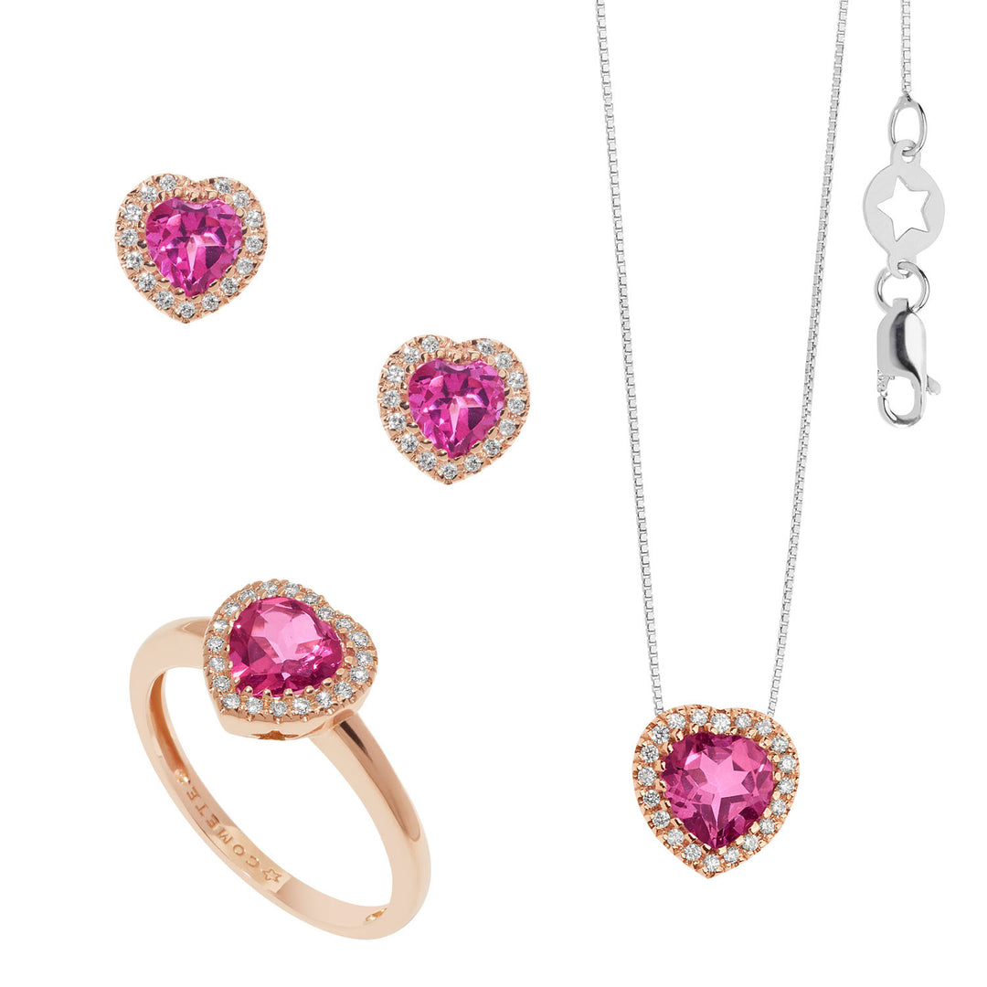Comete Necklace, Ring and Earrings in Gold Diamonds and Pink Topaz heart KIT157825921036