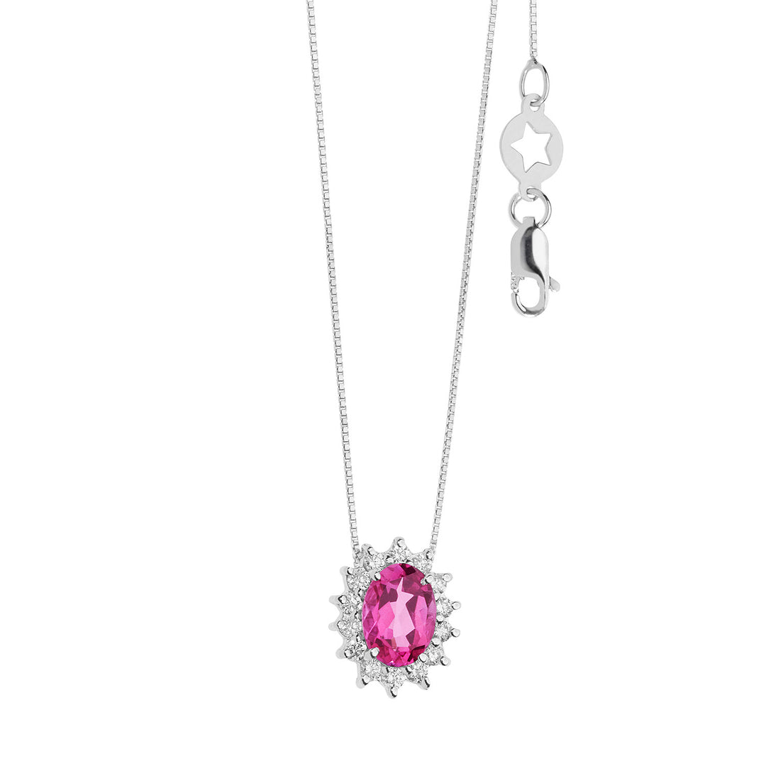 Comete Necklace in Gold, Diamonds and Oval Pink Topaz GLB1579