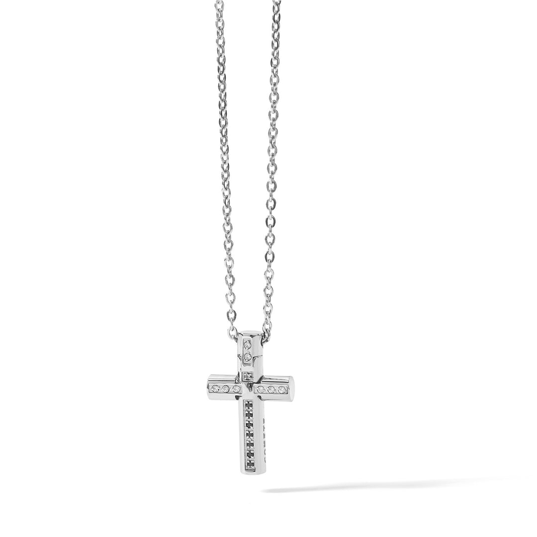 Comete Cross Necklace in Steel and black and white zircons UGL644
