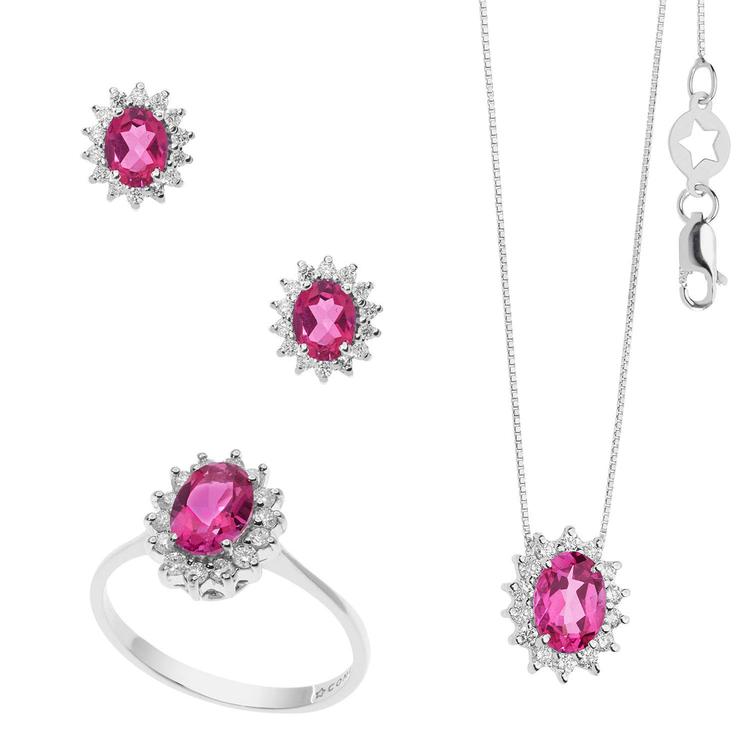 Comete Necklace, Ring and Earrings in Gold, Diamonds and Oval Pink Topaz KIT157925931037