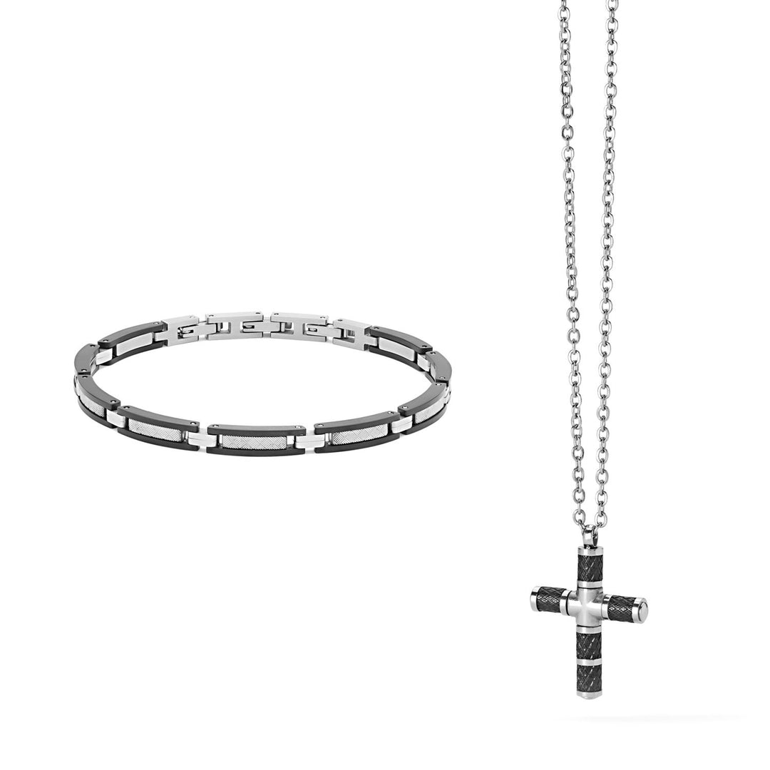 Comete Texture Necklace and Bracelet in Steel and black PVD KIT681979