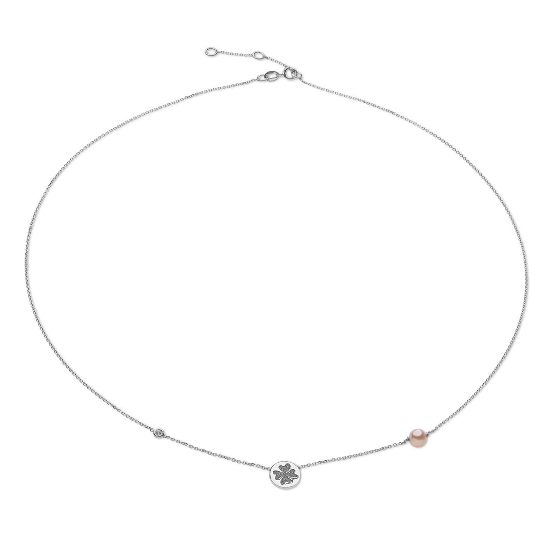 Comete Necklace in white gold with four-leaf clover and pink pearl GLP503