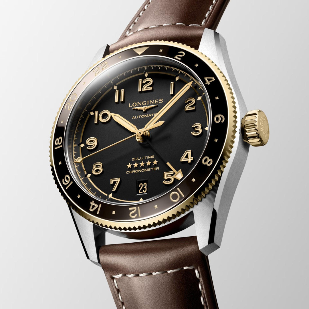 Longines orologio Spirit Zulu Time 39mm nero automatico acciaio e oro giallo 18kt L3.802.5.53.2 - Capodagli 1937