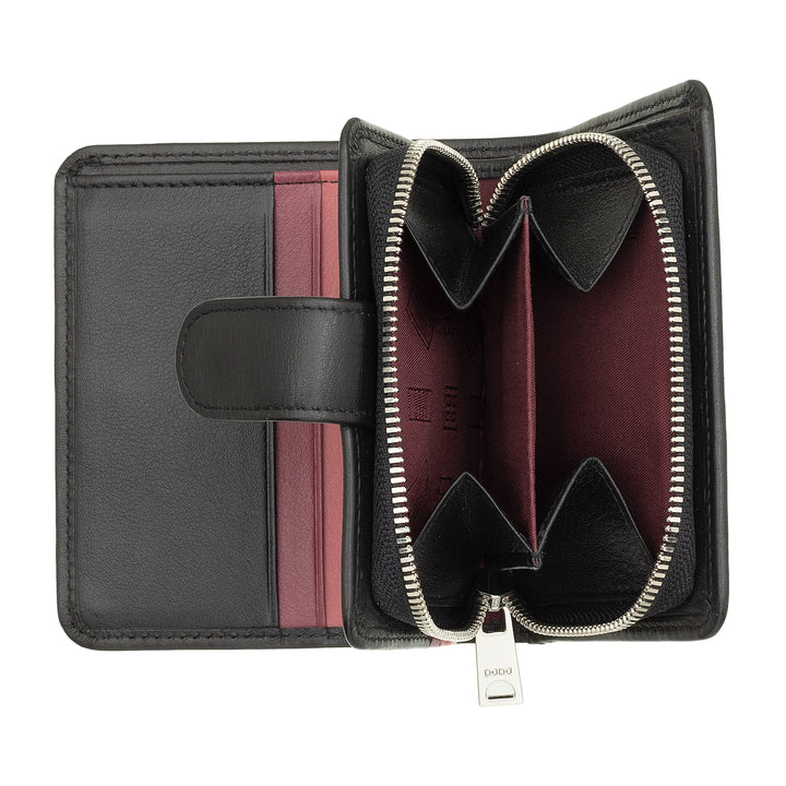 DUDU Small Women's Leather Wallet with Zipped Coin Wallet, Compact Handbag with Button Closure, Banknote Holder, Card Holder and RFID Protection