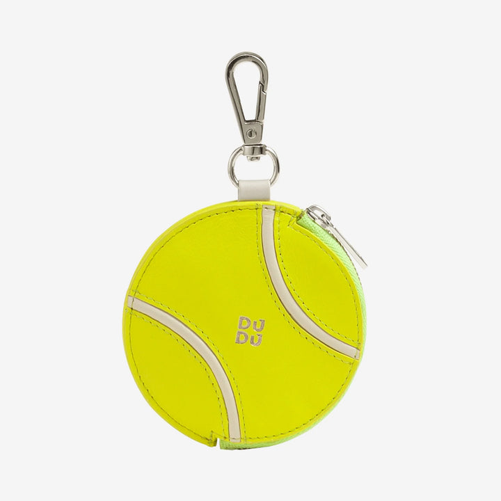 DUDU Tennis Ball-Shaped Genuine Leather Zipper Coin Purse, Limited Edition, with Carabiner, Exclusive Design, Yellow