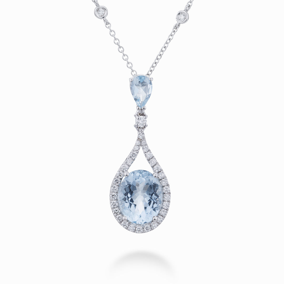 World Diamond Group oval aquamarine necklace 10x8 and drop 6x4 +diam PCLC149DAQ810-22315110033