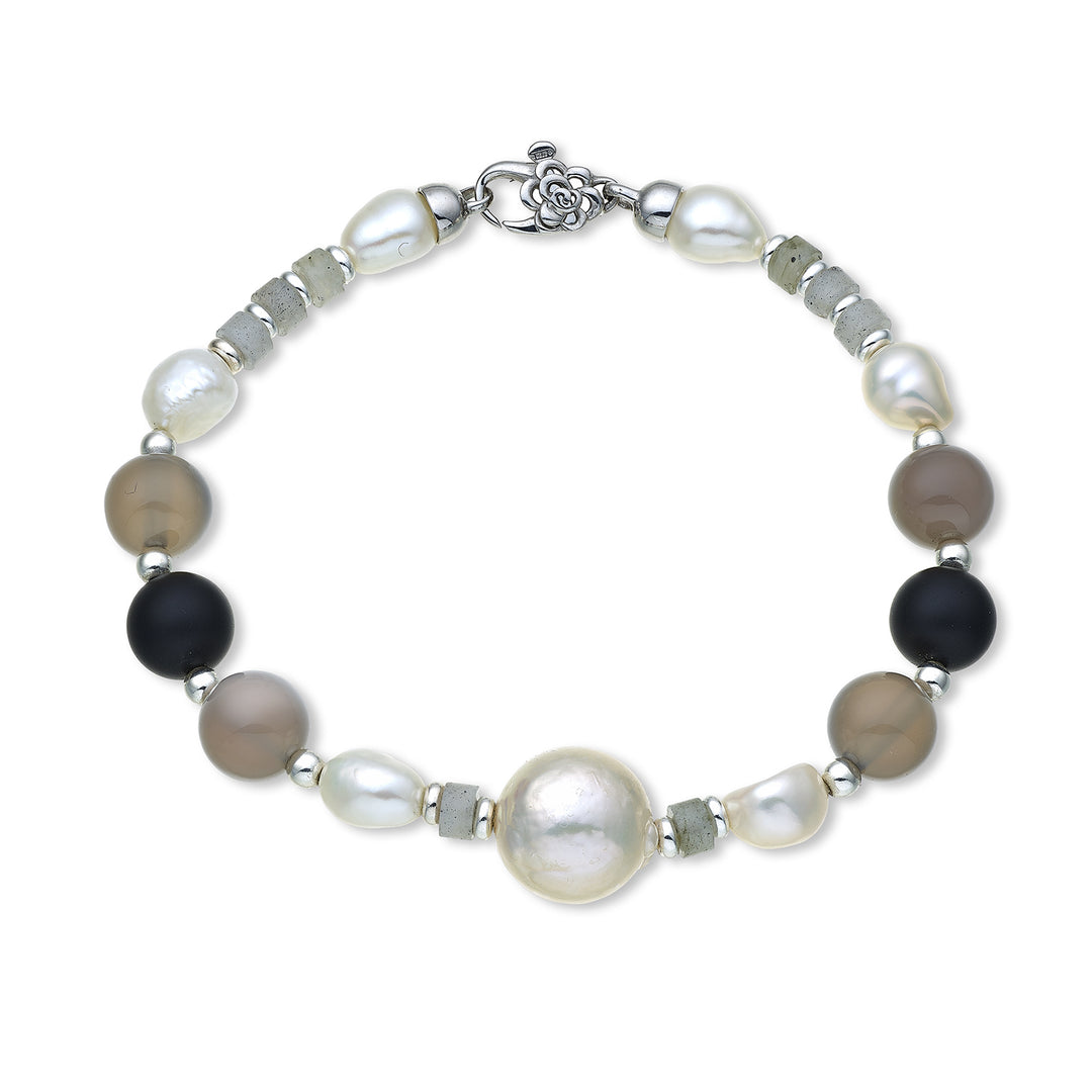 Nihama br ag925 fw bar 6/7 nucl. 11/12 gray agate and black agate 8mm NB7453A4GREYAGATA