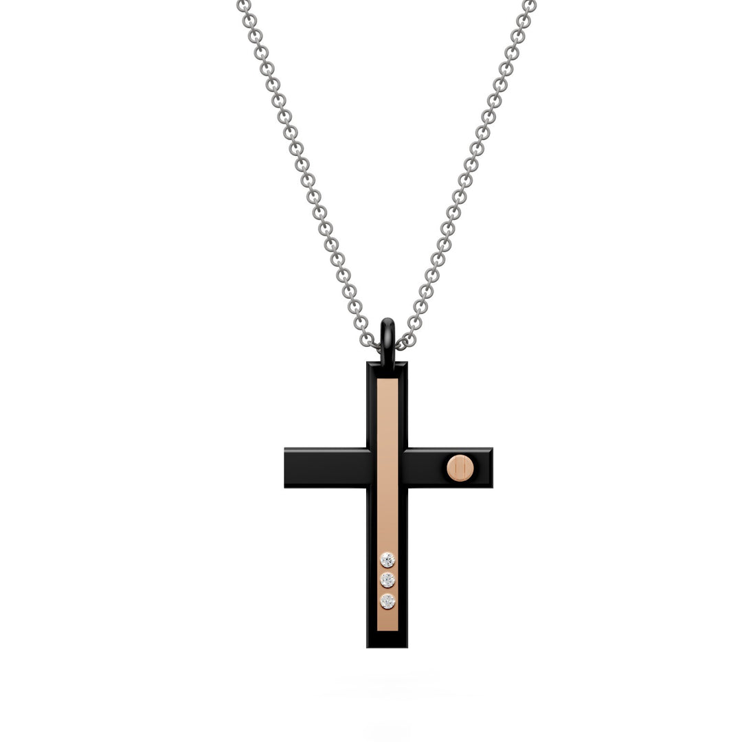 World Diamond Group cross necklace with three diamonds, in black titanium and gray chain, with 18kt rose gold inserts, long straight bar GDCR02O3DINE-D