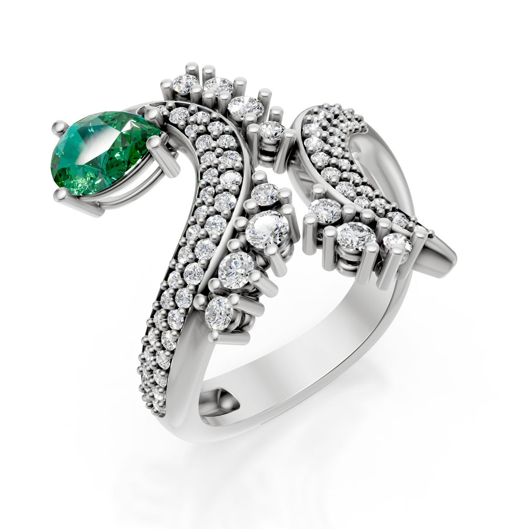 Golay curved multi-stone ring diam. emerald drop 7x5 AMP719DSM-25161110211