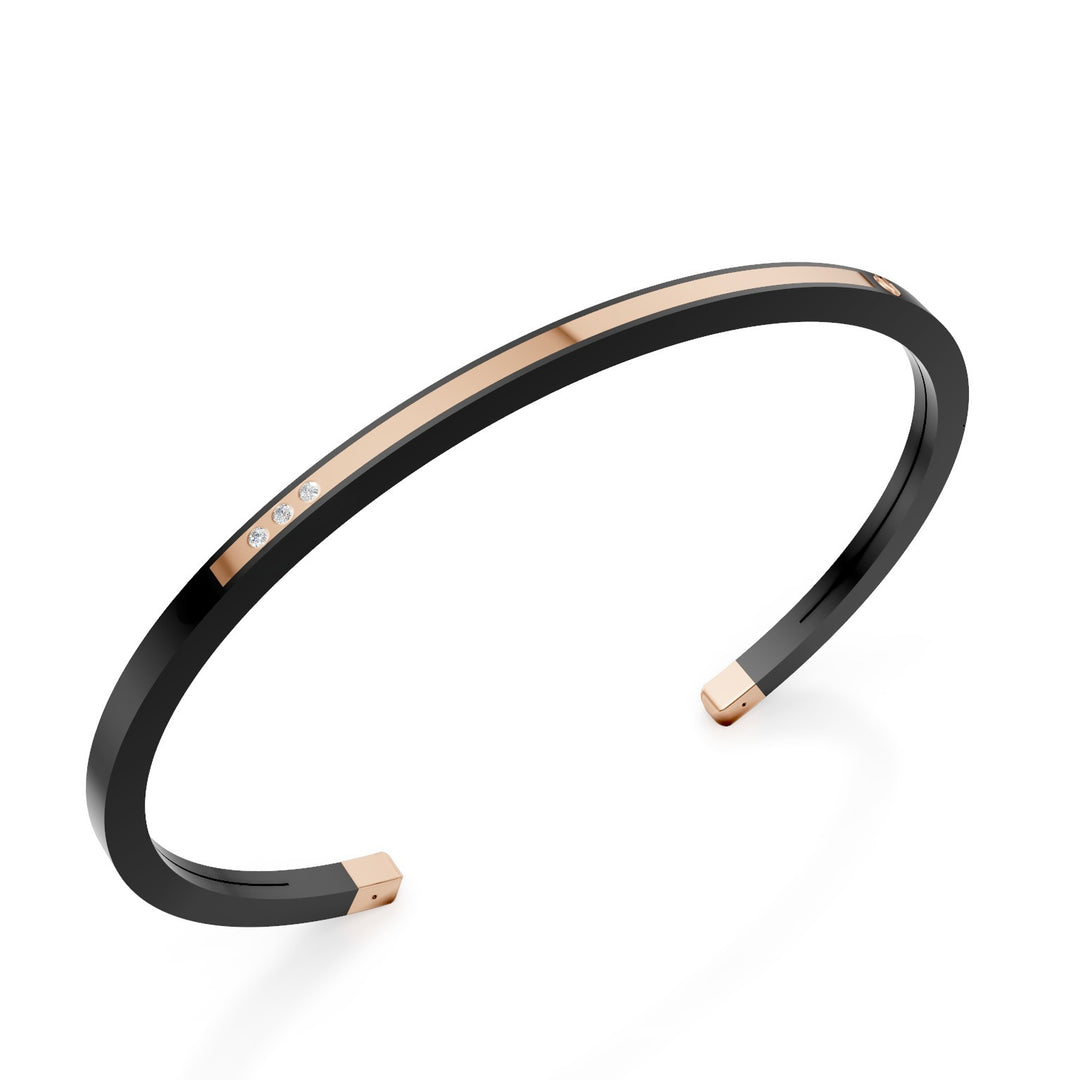 World Diamond Group black titanium slave bracelet, with three diamonds and 18kt rose gold inserts, with long bar, large size GBR037O3DINE_L