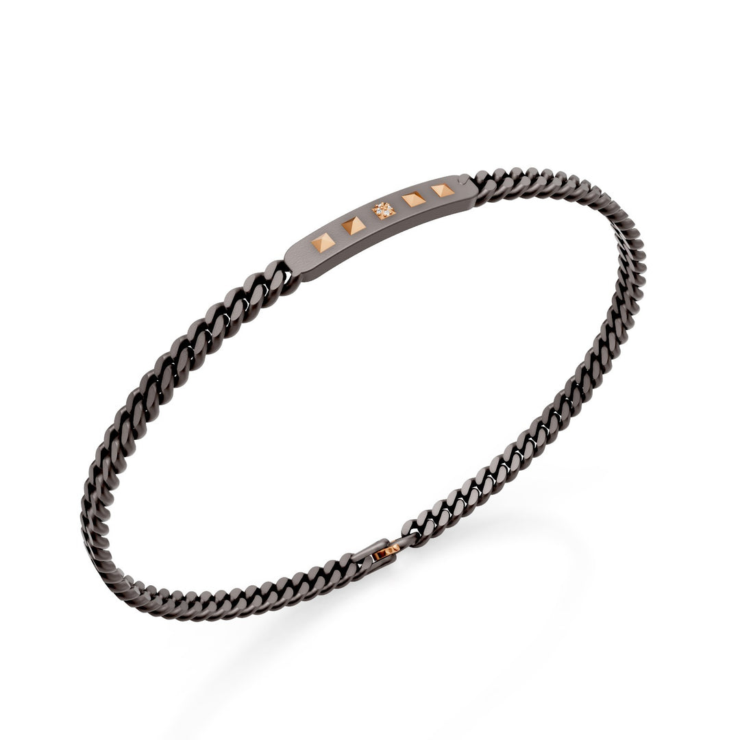 World Diamond Group groumette bracelet in gray titanium, with central bar and pyramid inserts in 18k rose gold, of which the central one is set with diamonds, 18.5cm GBR043O3DIGR-185