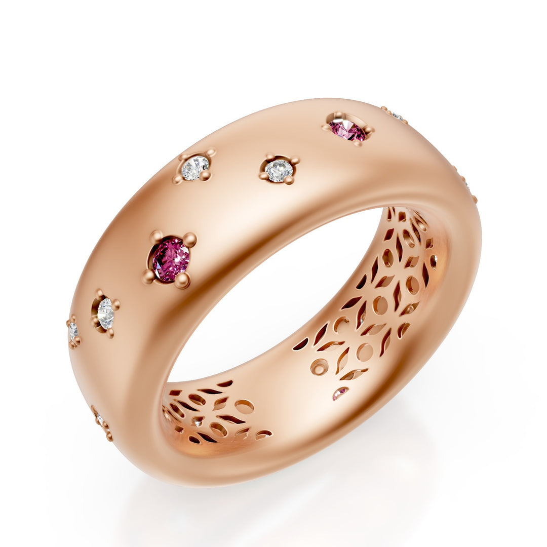 Golay narrow band ring in 18k gold, with diamonds and scattered pink sapphires, satin pink, size 14 GAN022O3DZPS-14