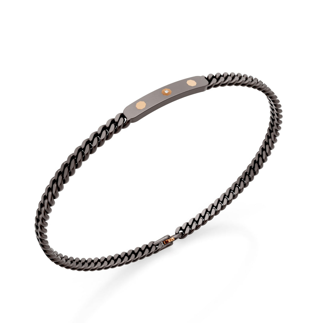 World Diamond Group groumette bracelet in gray titanium, with central bar and octagonal inserts in 18k rose gold, of which the central one is set with a diamond, 21cm GBR045O3DIGR-210