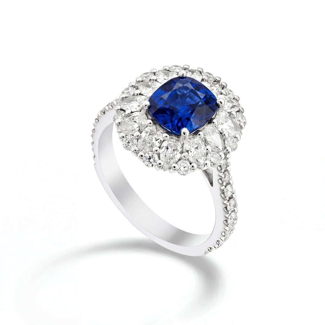 Golay cushion sapphire ring 8x7 contour drops and round APU507DZB-24358110011