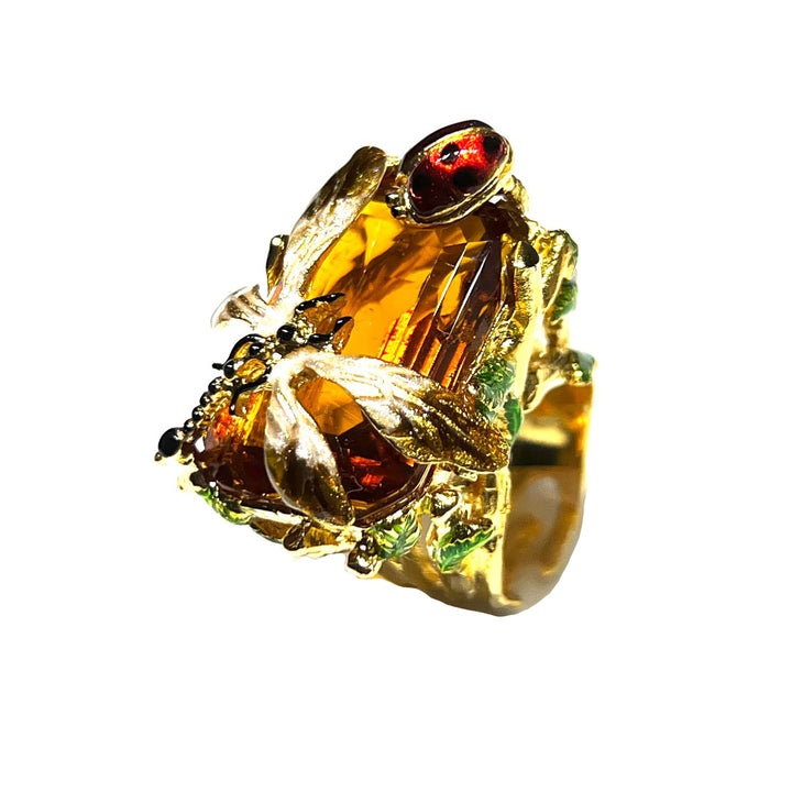 Federica Rossi Dragonfly and Ladybug crystal ring bronze plated in 18kt gold FR.AN.26