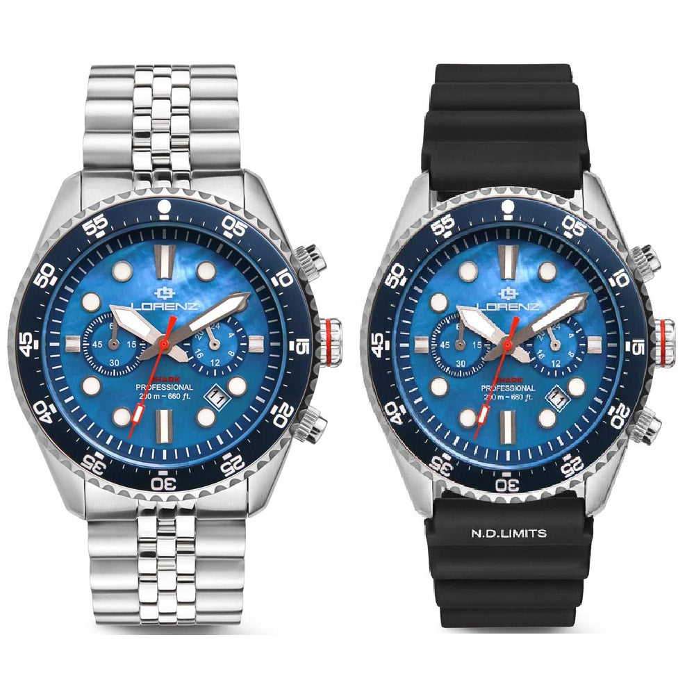 Lorenz Shark 5 Chrono watch 42mm mother of pearl blue quartz steel 030285BB