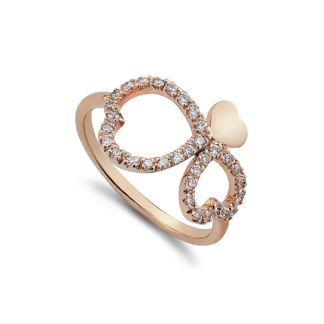 טבעת גולאי 2 לבבות עם יהלומים ולב מבריק