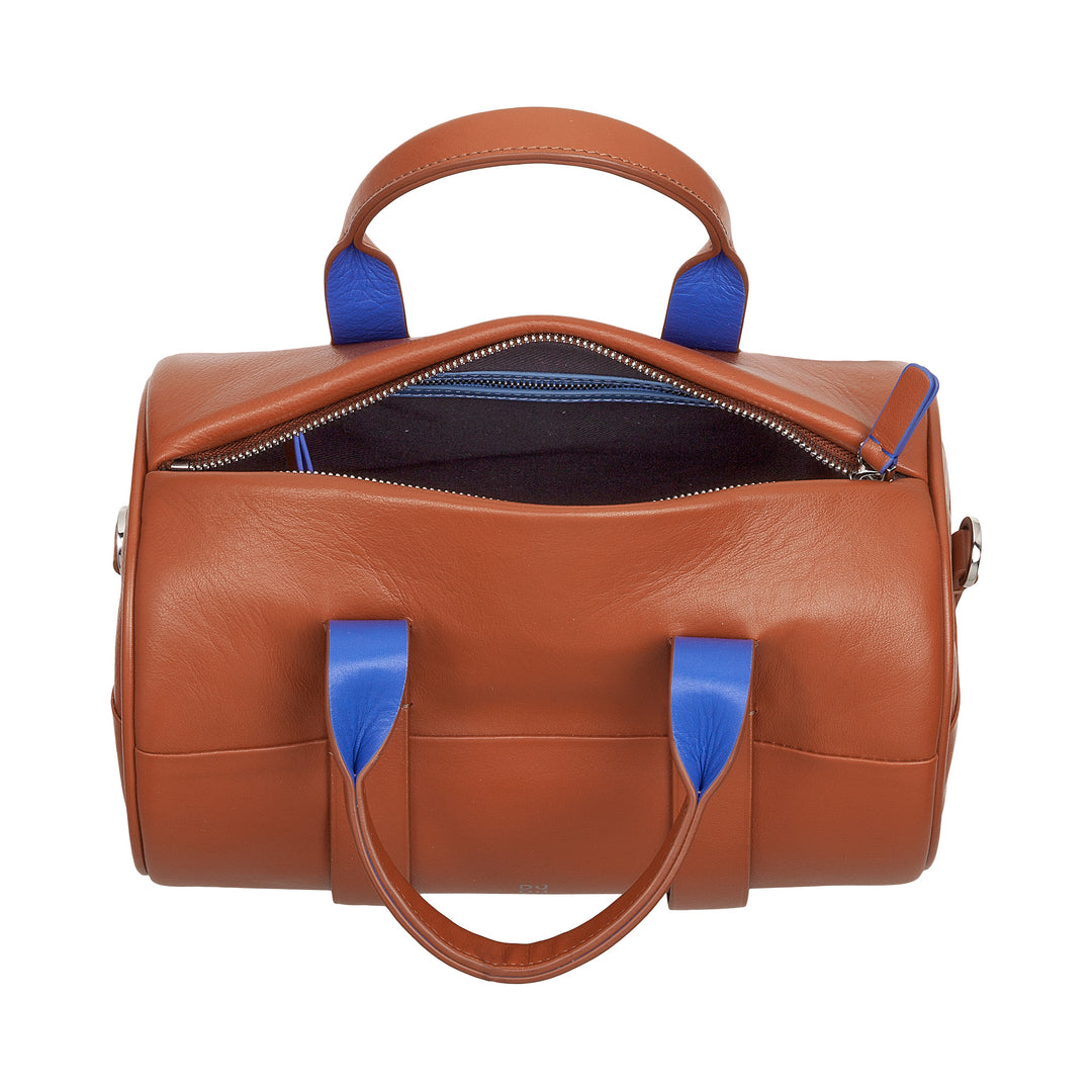 DUDU Women's Bag with real leather cylinder, cylindrical soft bag, barrel bag with shoulder strap and two handles, colorful elegant design
