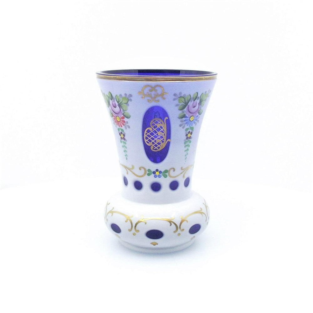 Crystal BOHEMIA bicchiere cristallo opalino blu con decori floreali e finiture dorate A-S1819-2 - Gioielleria Capodagli