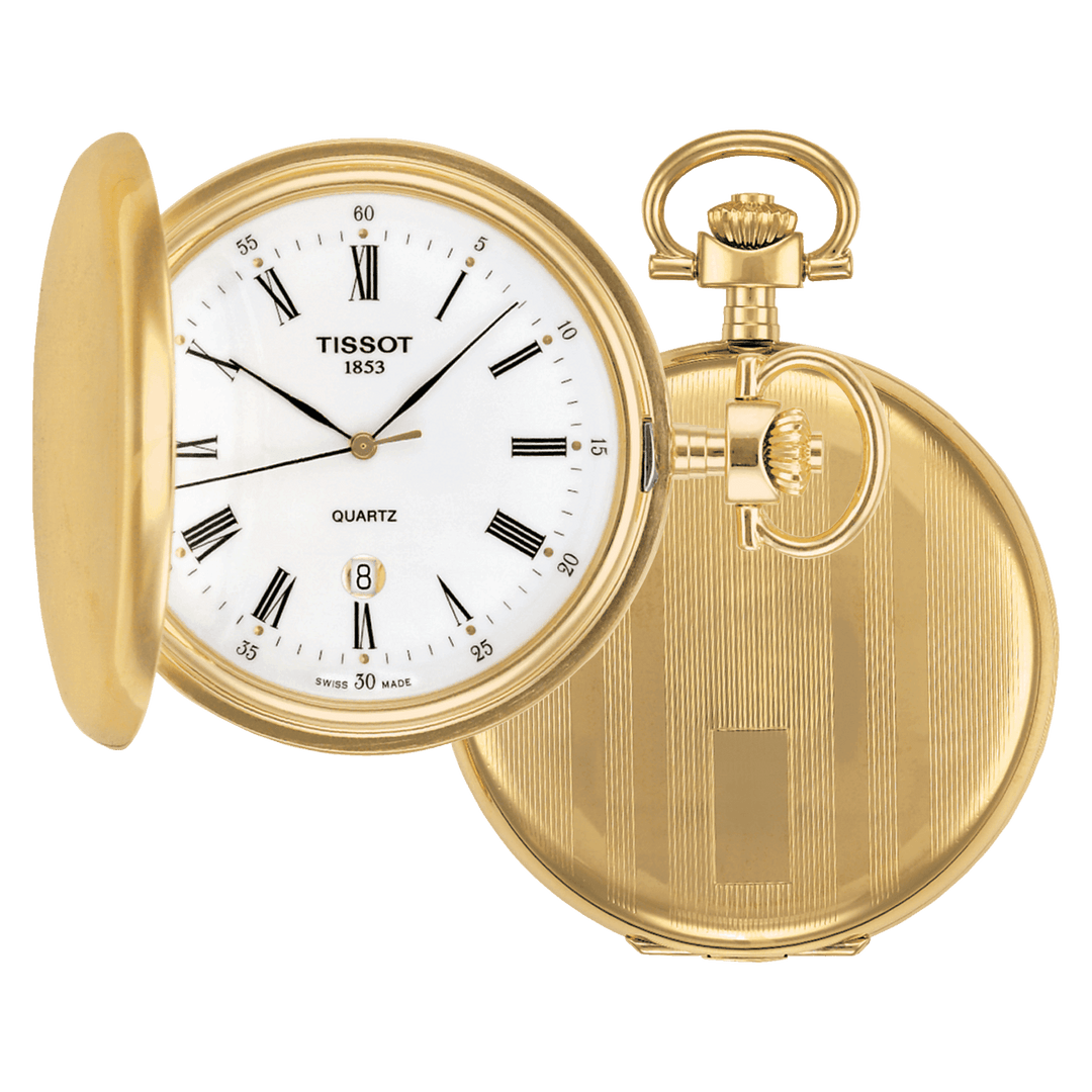 Tissot orologio da tasca Savonette 48,5mm bianco quarzo ottone finitura PVD oro giallo T83.4.553.13 - Gioielleria Capodagli