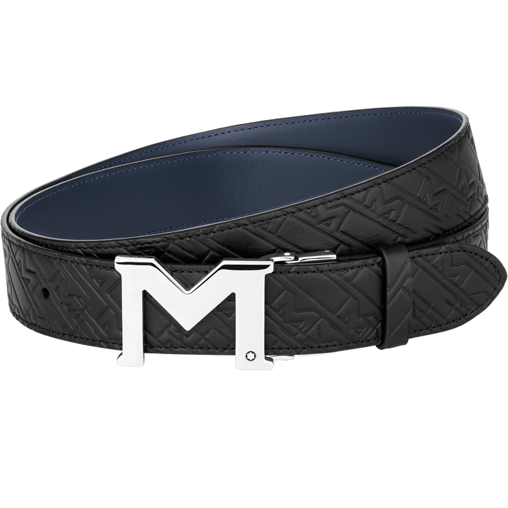 Montblanc חגורה 35 מ"מ עם אבזם M בשחור/עור כחול הפיך גודל מתכוונן 128787